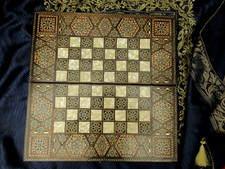 Syrian Damascene Chess Maple & Ebony Checkers in Backgammon Box Beautiful