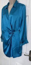 NWOT Womens Zara SZ Med/UK 10-12 Blue Satin LS Collar Wrap Mini Dress 