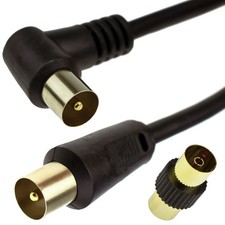 RF Right Angle TV Aerial Freeview Plug Video Cable & Coupler GOLD  1.5m Black