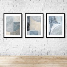Soft Blue Grey Cream Shaped Abstract Wall Art Print Picture 1 Or Set Of 3