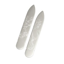 PD Man Silver Tone Collar Stays With Lion Engraved - 1 Pair