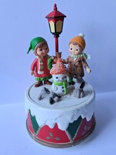 Vintage Christmas Children, Snowman & Puppies Rotating Music Box, Hong Kong