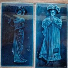 Pair of Antique Tiles 12 x 6 Blue Fireplace crazed Late 19th Sherwin & Cotton 