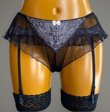 M&S Suspender & Knicker/Panties Set, Black Sheer Pleated Mesh & Lace, UK 16