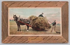 In the Fields - hay wagon & horse, woodgrain frame, National Series S202