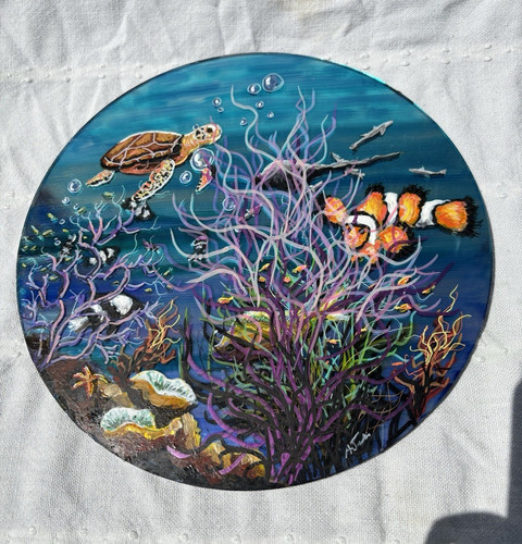 Hand painted round mirror - hand,