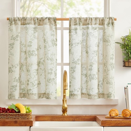 Green floral kitchen curtains - floral,