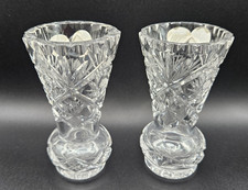 Glass Crystal Vase x 2 Small Thistle Shaped  Pinwheel Cut Glass Saw Rim Bud