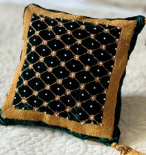 Luxury Green Gold Moroccan Style Handmade Embroidered 10 Inch Cushion