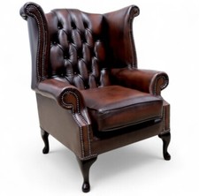 Real Leather Wing Chair High Back Chesterfield Queen Anne Antique Brown Tufted