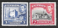 CYPRUS 1938 SG155b & 156a MINT HINGED, MINOR FAULTS TO BOTH STAMPS.