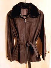 Ladies Hip Length Brown Nubuck Leather Jacket Removable Faux Fur Collar UK 10