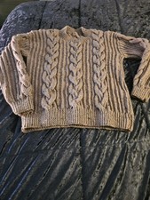 Hand Knitted Ladies Aran Jumper Heather Tweed Size M 25% Wool