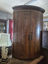 A Brilliant Bow Fronted Georgian Oak Hanging Corner Cupboard + Dental Mouldings 
