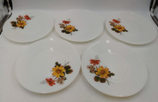 Vintage JAJ Pyrex Autumn Glory Dinner Plates x 5 25cm 10" Milk Glass Floral