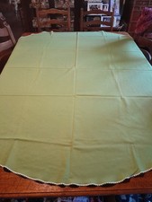 Large Round Vintage Olive Green Trimmed Linen Table Cloth 162cm X 162cm VGC