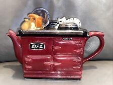 The TeaPottery Novelty Aga/cat, Gold Kettle BurgundyTeapot 11'' L x 7.5'' H Vgc