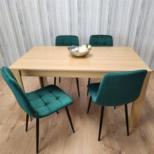 Dining Set of 4 Oak Effect Dining Table 4 Green Velvet Chairs Dining Furniture