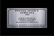 Metal Sign, Plaque - No Cold Callers, Sales People, Canvassers, Religious Groups