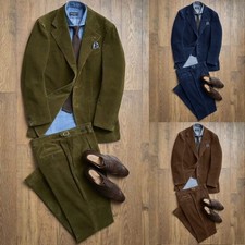 Men's Corduroy Suit Single Breasted Flat Lapel Jacket Casual Business Tailored