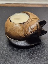 Vintage Wooden Sleeping Cat Tea Light Candle Holder