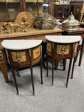 Pair of French Demi Lune Louis XVI White Marble Top Bedside Table with 3 Drawers