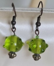 True Vintage Earrings Green Glass Hobnail Artisan Drop Silver tone Hand Crafted 