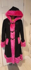Poizen Industries Black ,Hot Pink Faux Fur Minx Coat, Size Uk 12, Witchery Goth 