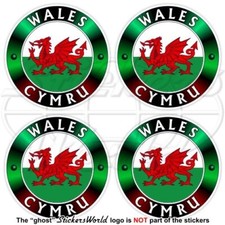 WALES-CYMRU Welsh Red Dragon Flag Roundel 50mm (2") Vinyl Stickers, Decals x4