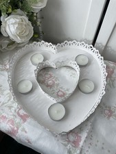 Shabby Chic White French Vintage Style Heart Tray Candle Holder