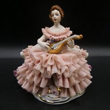Beautiful Dresden Porcelain Lace Lady Playing Mandolin Figurine Approx 13cm tall