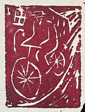 BILLY CHILDISH - UNTITLED WOODCUT STAMP SIGNED LIMITED EDITION PRINT MAN & BIKE