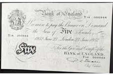 June 1952 P.S.Beale White Five £5 Pound Uncirculated Note Low Number 000944