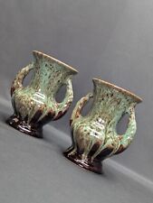 Pair of Vintage Duck Egg & Brown Drip Glaze Urn Shaped Pottery 2 Handled Vase 