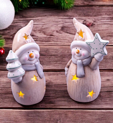 Ceramic light snowmen pair - light,
