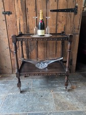 Antique Oak Drinks Trolley Table Gin Cocktail Bar Wheels 2 Tier Vintage Hostess