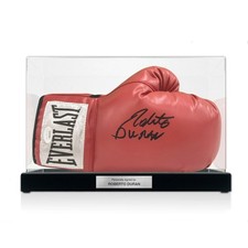 Roberto Duran Signed Red Boxing Glove. Display Case With Plaque