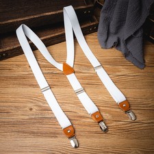 New White Elastic 3 Clips Trouser Suspenders Adult Braces Dinner Suit Motorcycle