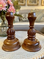 Vintage Hand Carved Brown Wooden Dinner Taper Candle Holders Candlesticks Rustic