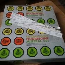 two boxes of rocks, 10 samples in each box. ultraviolet fluorescent minerals