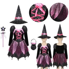 Kids Witch Costume Outfits Halloween 4Pcs Wizard Magician Cosplay Fancy Dress Up