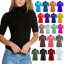Women Ladies Short Sleeve Turtle Polo Roll Neck Plain Stretch T-Shirt Top Jumper