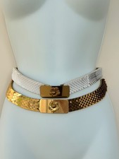 2 x Vintage Retro 80's Stretchy Snake Belts Gold & White with Gold Flower Buckle