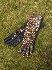 Max Mara Leather Leopard Print Mid Elbow Gloves Size 8 Rare Shania Twain Style
