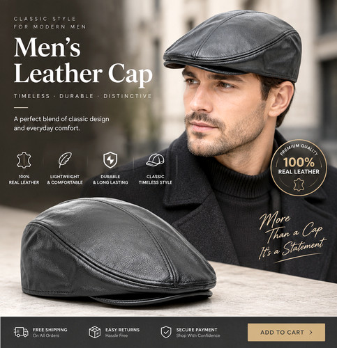 Mens flat black cap - black, gatsby