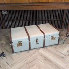 Antique 1920s Banded Steamer Trunk Travel Storage Coffee Table With Makers Badge