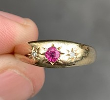 9ct Gold Diamond Ruby Three Stone Gypsy Ring, Victorian Style 9k 375