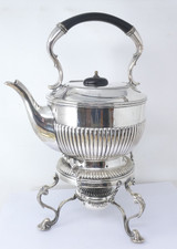 Hot Water Kettle On Stand With Burner Silver Plated Fluted James Dixon & Sons