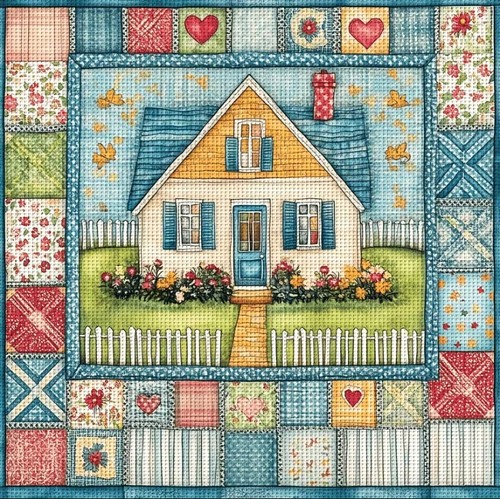 Patchwork cottage printed - cottage,