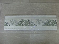 Vintage ceramic border tiles, green/white floral leaf vine, 25cm x 15cm, Spanish